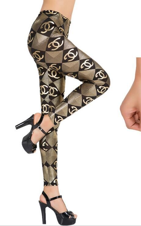 F8476 Golden Chanel Logo Print Leggings